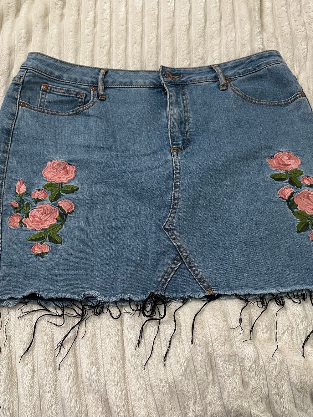 Guess Blue Denim Mini Skirt with Pink Rose Embroidery